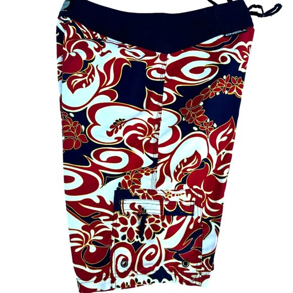 O'Neill Mens Sz  28.5 Waist Red Black Hawaiian Tribal Pattern Drawstring Logo - Picture 6 of 10